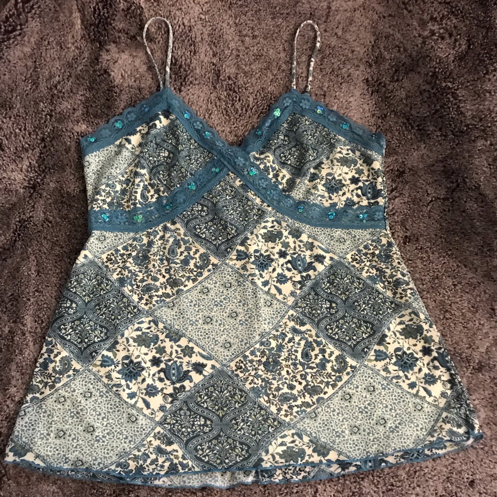 Xhilaration blue patchwork tank w sequins.